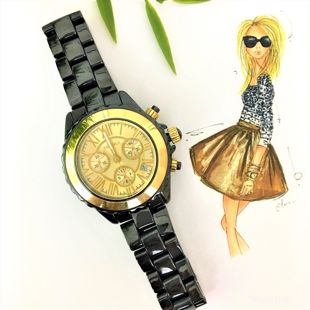 14kt Gold Bezel Black Ceramic Watch